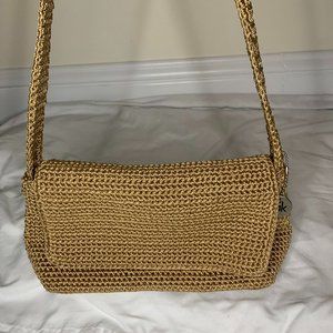 tan crochet over the shoulder bag brand the sak